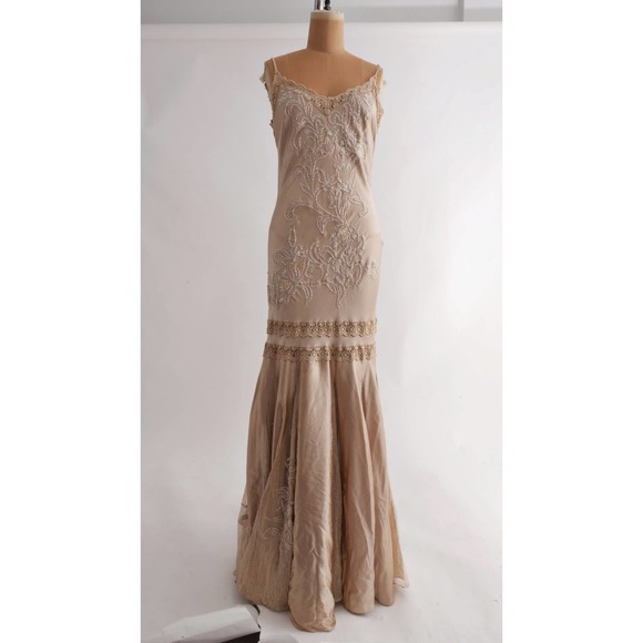 silk beaded evening dress|sue wong nocturne champagne full-length gown mermaid M - Picture 2 of 6